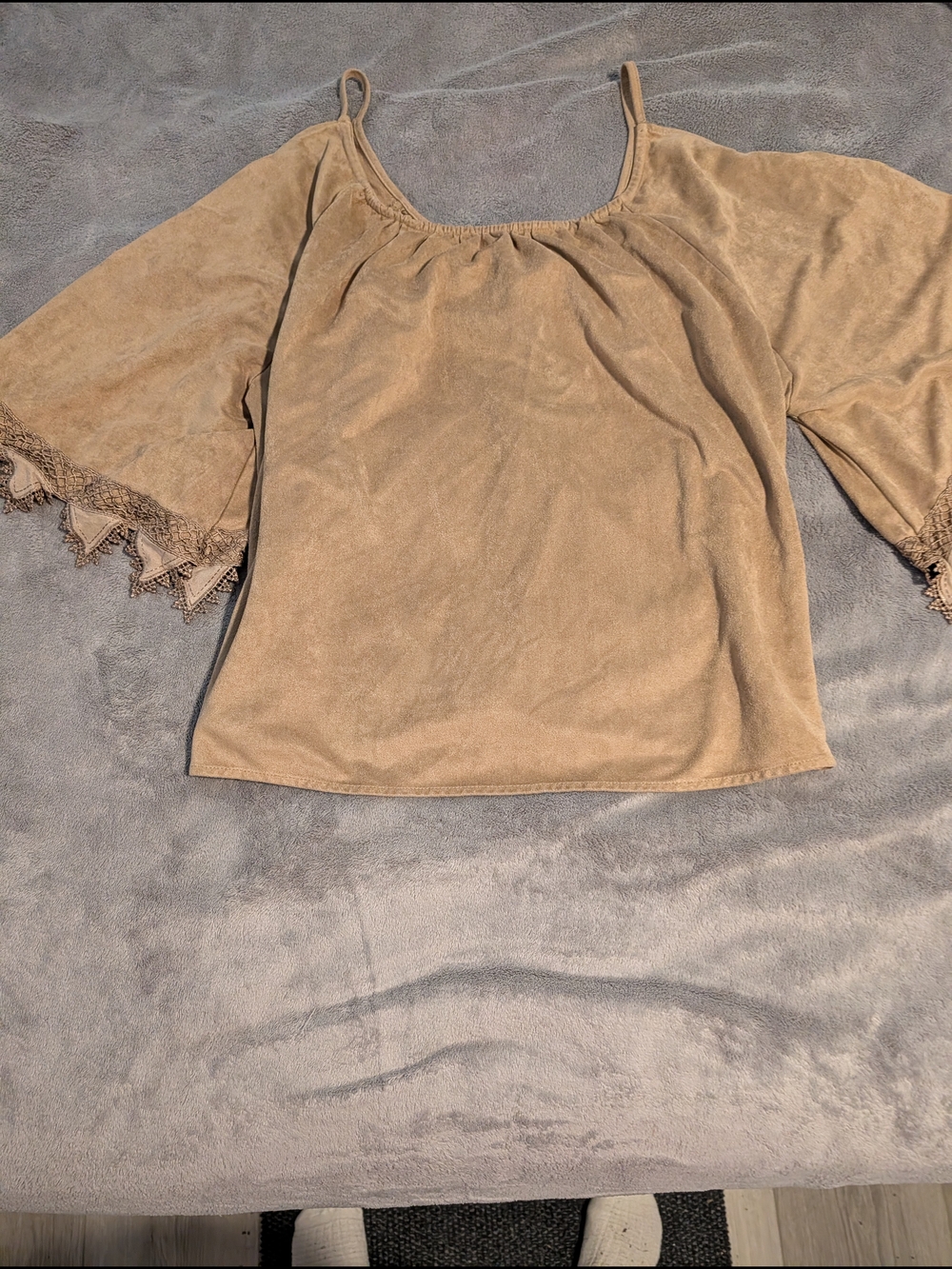 Hayden Women's Taupe Cold Shoulder Top Crochet Trim Flowy Boho Blouse